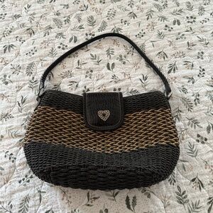 Brighton Sydney Black Tan Straw Handbag Heart Charm